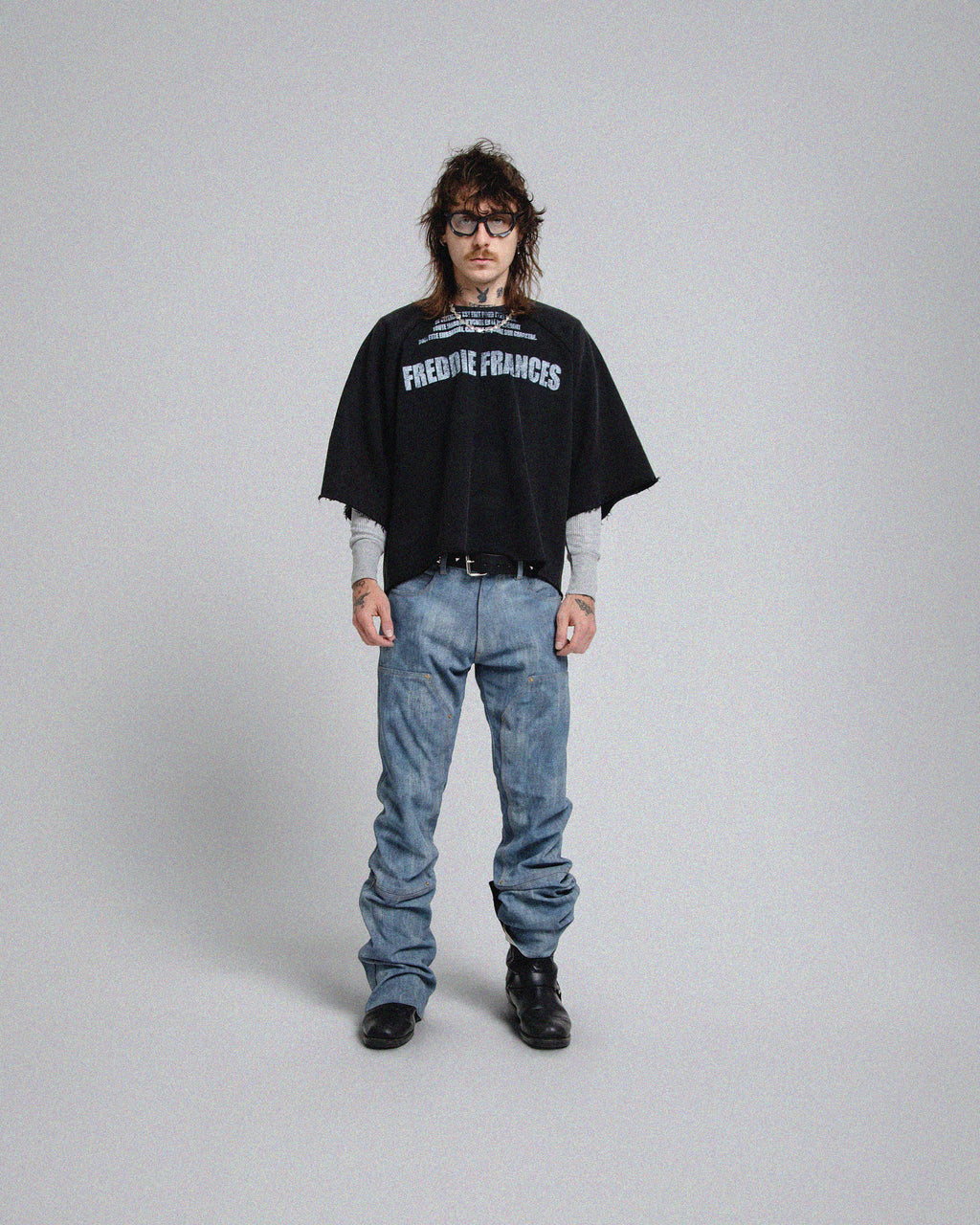 CASBAH PRINTED DENIM SLIM BOOTCUT LEATHER PANTS