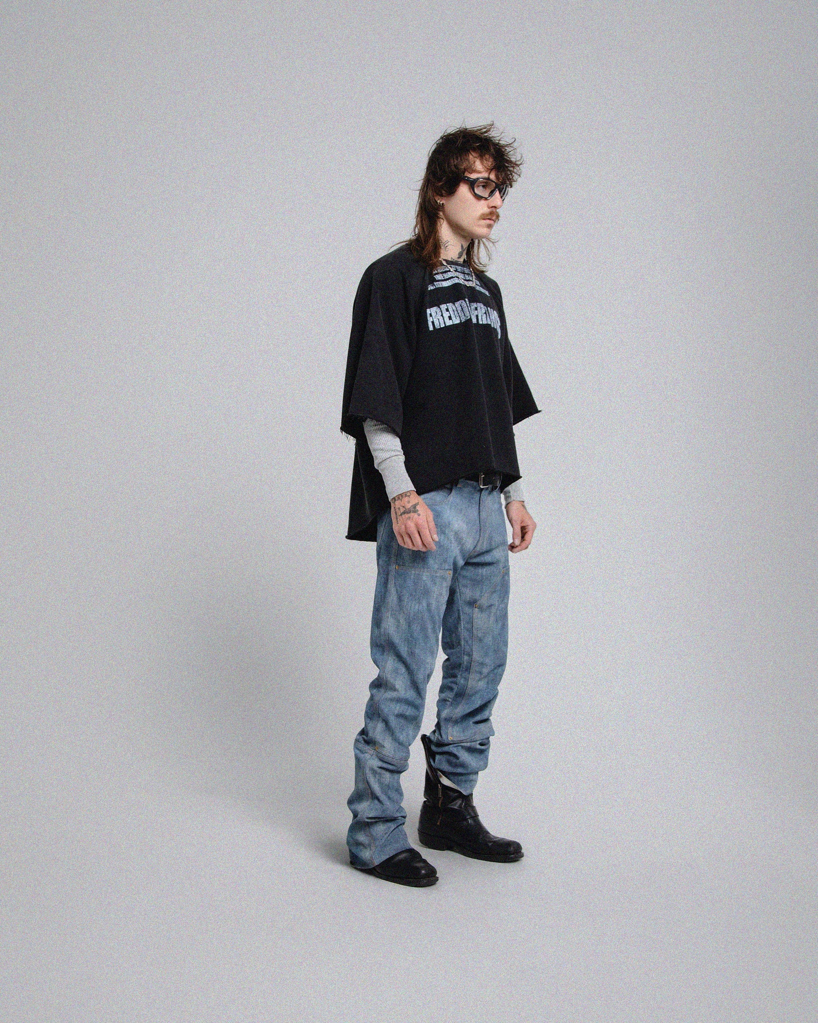 CASBAH PRINTED DENIM SLIM BOOTCUT LEATHER PANTS
