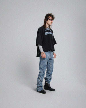 CASBAH PRINTED DENIM SLIM BOOTCUT LEATHER PANTS
